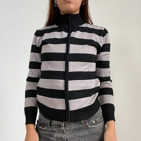 Vintage Black and Grey Striped Zip Up - Picture 1 of 4